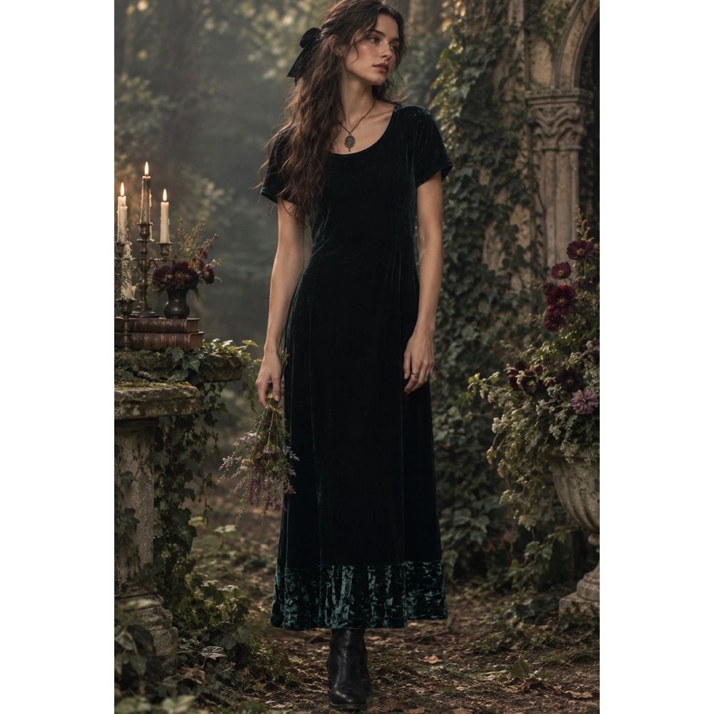 VTG Whimsigoth Fairy Grunge 90s Womens Green Velvet Short Sleeve Maxi Dress 16
